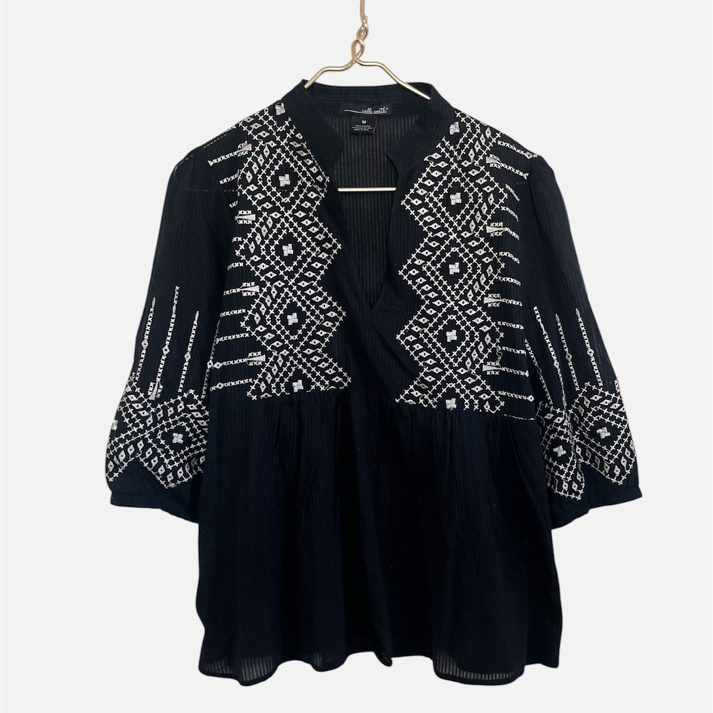 Willi Smith Top bohemian embroidered Cotton White & black church blouse M